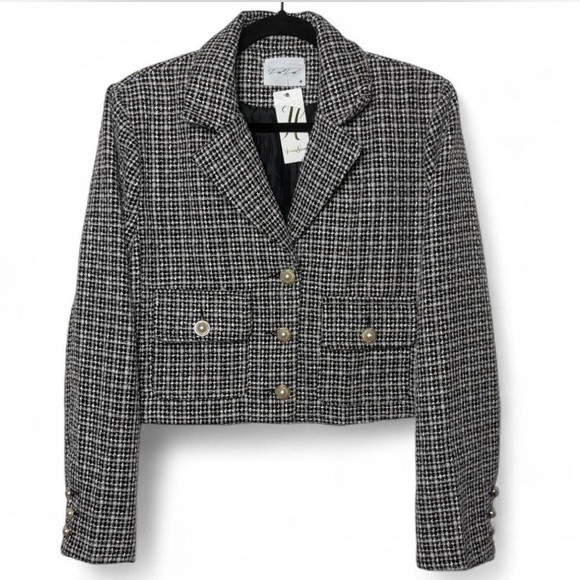 Dee Dee Cropped Tweed Blazer Jacket Black White Pink Pearl Buttons NWT - Picture 1 of 8